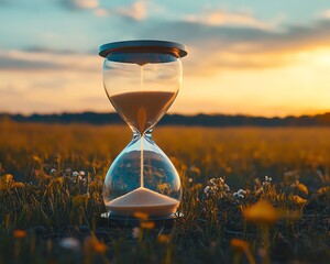 Poster - Hourglass set against a calm field backdrop, representing slow life and providing a spacious area for copy or messages