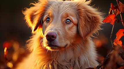 Poster - Golden Retriever Portrait with Autumnal Backdrop, Glowing with Golden Hues, Amidst Delicate Fallen Leaves, Capturing a Moment of Serene Wonder