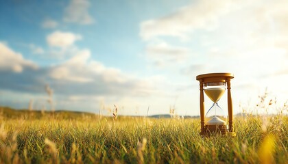 Poster - Serene field background with an hourglass, embodying slow life and featuring ample copy space for custom text