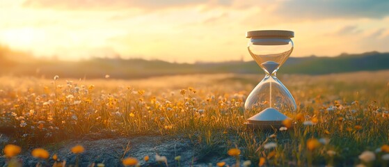 Poster - Slow life theme with an hourglass and tranquil field background, offering wide copy space for reflections or notes