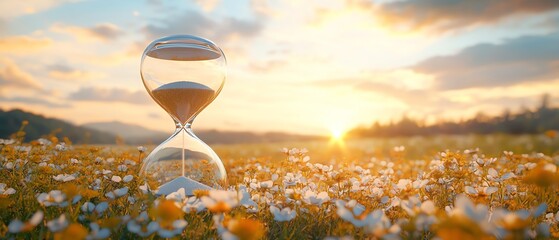 Poster - Slow life theme with an hourglass and tranquil field background, offering wide copy space for reflections or notes