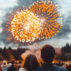 Wall Mural - Couples enjoying a vibrant fireworks display at dusk