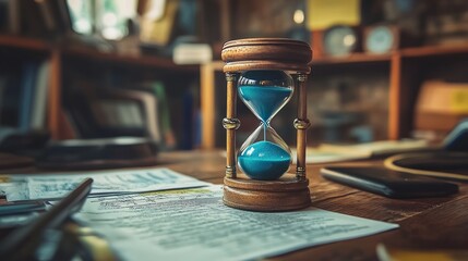 A wooden hourglass with blue sand sits on a wooden desk with papers, a pen, a smartphone, and other objects out of focus in the background.