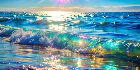 A wave breaks on a sandy beach as the sun sets, casting a golden glow on the water, creating a magical and ethereal scene.