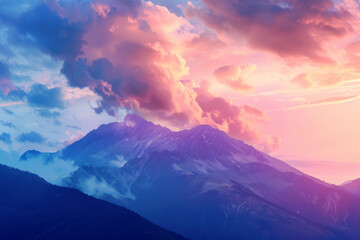 Sticker - A mountain range with a pink and purple sky in the background