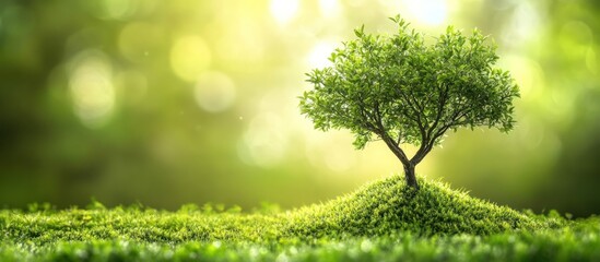 Poster - A single tree stands tall on a small mound, surrounded by lush green grass, with a blurred background of a sunny forest.