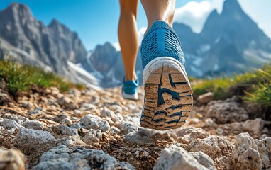 Summer day trail running scene with a low angle view of legs in sports shoes navigating a mountainous terrain