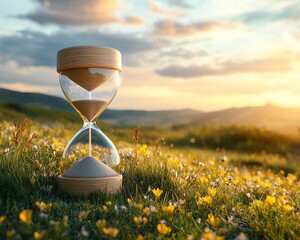 Poster - Calm field with an hourglass in the foreground, perfect for a slow life background with plenty of space for customized text
