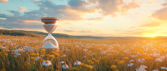 Poster - Calm field backdrop with an hourglass, creating a slow life theme with ample copy space for inspirational messages