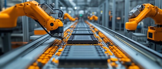 Poster - Closeup of electric vehicle battery cells on an assembly line, highlighting hightech machinery and detailed manufacturing steps