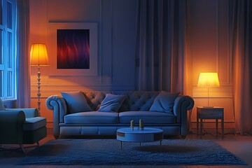 Interior of living room with cozy grey sofa, armchair and glowing lamps at night