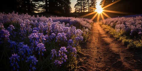 Sticker - A Path Through a Field of Purple Flowers Bathed in the Golden Light of the Setting Sun