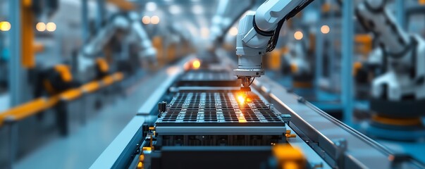 Poster - Electric vehicle battery cell assembly line closeup, featuring advanced robotic arms and hightech components