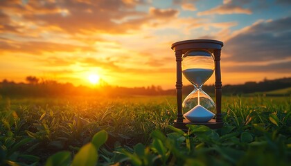 Poster - Hourglass set against a serene field backdrop, emphasizing slow life with generous copy space for contemplative messages