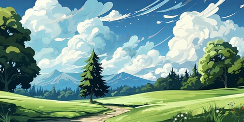 Wall Mural - A Winding Path Through Lush Meadows Beneath a Sky of Puffy Clouds and Distant Mountains