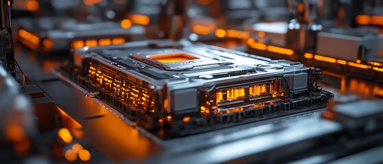 Poster - Intricate closeup of electric vehicle battery cell assembly, capturing the complexity and sophistication of the mass production process