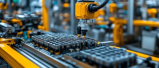 Poster - Modern mass production assembly line for electric vehicle battery cells, detailed closeup view of the manufacturing and assembly process