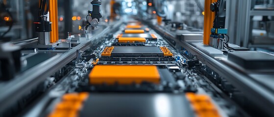 Poster - Modern mass production assembly line for electric vehicle battery cells, detailed closeup view of the manufacturing and assembly process