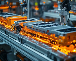 Poster - Precisionfocused closeup of mass production assembly line for electric vehicle battery cells, emphasizing modern technology and efficiency