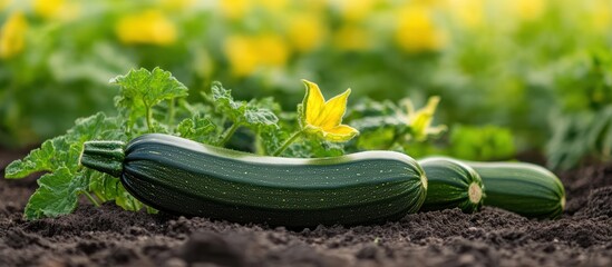 Canvas Print - Close-up of two fresh green zucchini lying on the ground in a garden with one yellow zucchini flower.