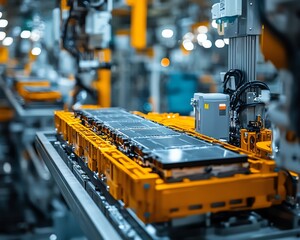 Poster - Precisionfocused closeup of mass production assembly line for electric vehicle battery cells, emphasizing modern technology and efficiency