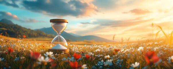 Poster - Serene slow life background with an hourglass and a peaceful field, providing copy space for reflections on time and tranquility