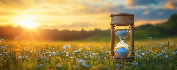 Poster - Serene slow life background with an hourglass and a peaceful field, providing copy space for reflections on time and tranquility