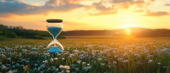 Poster - Slow life background with copy space, featuring a serene field and an hourglass symbolizing the passage of time