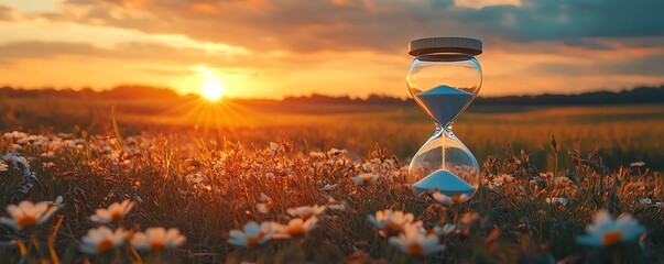 Poster - Slow life background with a serene field and hourglass, providing a spacious area for copy and inspirational content