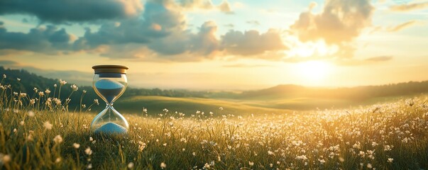 Poster - Slow life background with a serene field and hourglass, providing a spacious area for copy and inspirational content