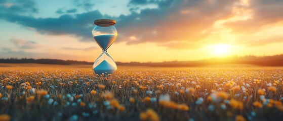 Poster - Slow life background with copy space, featuring a serene field and an hourglass symbolizing the passage of time