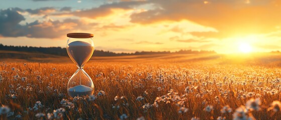 Poster - Slow life background with copy space, featuring a serene field and an hourglass symbolizing the passage of time