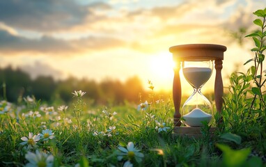 Poster - Background depicting slow life with a tranquil field and hourglass, offering copy space for thoughtful or calming messages