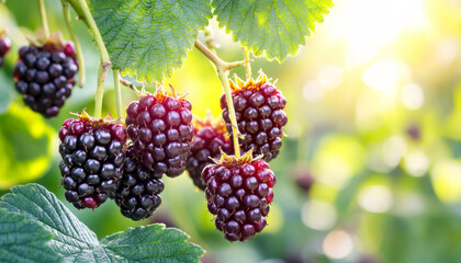 Wall Mural - A close-up of ripe blackberries hanging from a branch, illuminated by soft sunlight, highlighting their freshness and natural beauty.