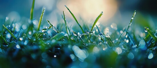 Sticker - Dew drops on green grass close up, shallow depth of field, blurred background, bokeh effect.