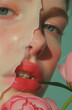 © Femmes.Digital - A close-up beauty portrait of a woman with cracked, glossy skin and bold lips holding a pink flower. A striking contrast of textures and colors in an artistic and surreal fashion concept.