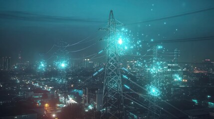 Power lines and city lights at night with a blue digital overlay.