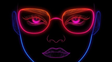 Canvas Print - Neon Line Art Woman Face Abstract Illustration   Minimalist Design