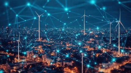 Wind turbines stand tall over a city skyline at night, connected by a glowing network of lines.