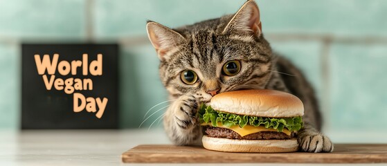 Cat pawing at a vegan burger with plant-based ingredients around, 