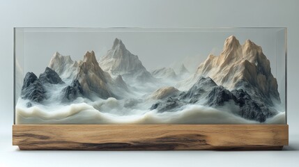 Canvas Print - A serene mountain landscape sculpture with misty clouds.