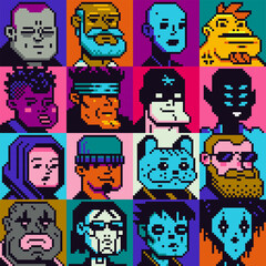 Poster - Pixel art people character set, man, woman, girl, guy, avatar, social net portrait, profile picture. Design of 80s. Game assets. 8-bit. Isolated vector illustration background.