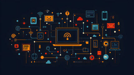 Poster - Colorful digital network illustration with various devices and icons, representing technology and connectivity.