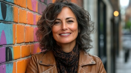 Poster - A woman with gray hair is smiling and wearing a brown jacket and scarf. She is standing in front of a colorful brick wall