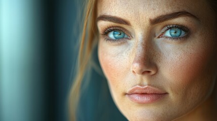 Poster - A woman with blue eyes and a red nose. She has a light brown hair. She is wearing a pink lipstick