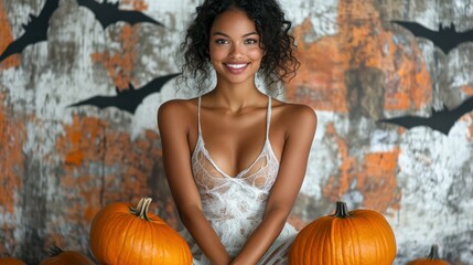 Poster - A woman is sitting on a bed with two pumpkins in front of her. She is wearing a white dress and is smiling