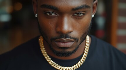 Poster - A man with a gold chain around his neck and a beard. He is wearing a black shirt