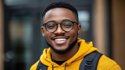 Wall Mural - A man with glasses and a yellow hoodie is smiling. He is wearing a backpack. Concept of happiness and warmth