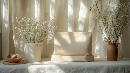 Poster - Serene tabletop arrangement with flowers and cushions in soft light.