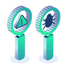debugging. magnifying glass with bug and exclamation mark isolated on white background. isometric ob